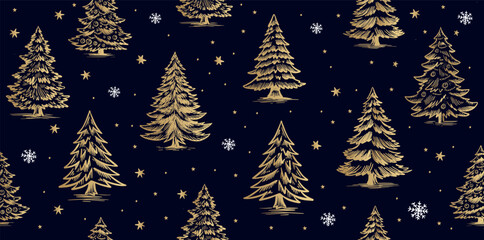Christmas pattern with gold tree on blue, hand drawn illustrations	
