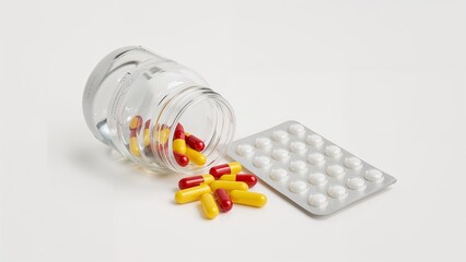 White and colored pills and tablets scattered on light background, creating bright medical and pharmacy backdrop. Pharmaceutical pills pattern for healthcare, medicine, treatment, pharmacy advertising