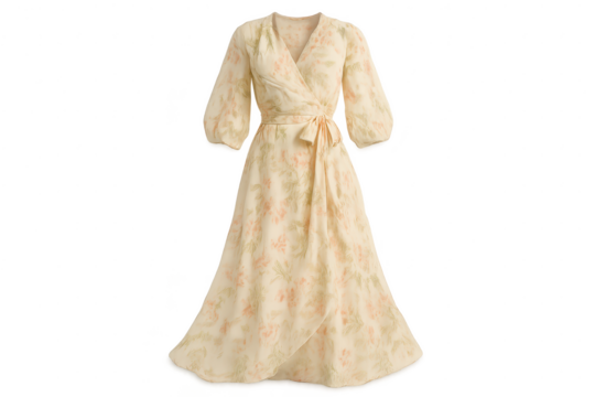 Elegant floral print wrap dress isolated on a transparent background, stylish