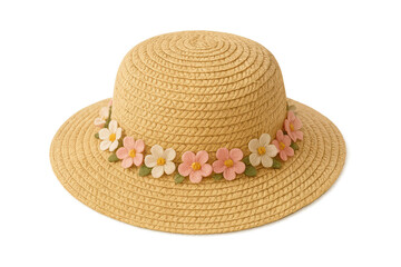 Stylish straw hat with delicate flower embellishments isolated on transparent backdrop