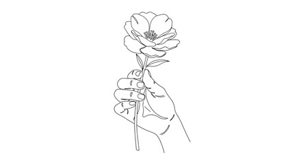 A minimalist line art drawing of a hand gently holding a single blooming flower, rendered in a clean, elegant style.