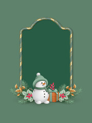 Christmas and New Year poster. Elegant Christmas poster with cute snowman, gift and gold frame. Cartoon retro banner. Perfect for holiday invitation, menu, greeting