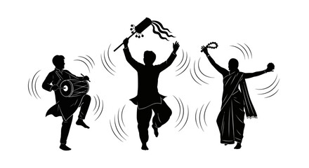Three silhouetted figures dancing and playing traditional musical instruments, depicting a vibrant cultural celebration.