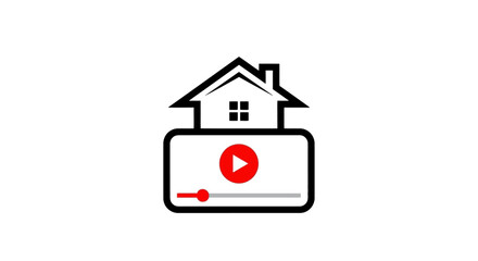 Modern graphic icon depicting a house on top of a video player, ideal for real estate media.