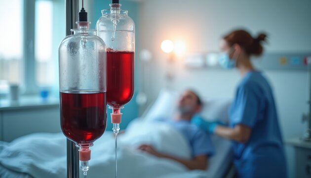 Nurse attends patient receiving IV blood bag in clinic. Medical drip with red liquid flows in hospital room. Healthcare professional cares for sick man in bed.