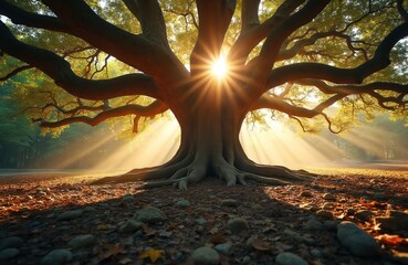 Massive ancient tree with sprawling roots and branches basks in golden sunlight. Sunbeams pierce through foliage creating dramatic light rays on forest floor covered with stones and leaves.