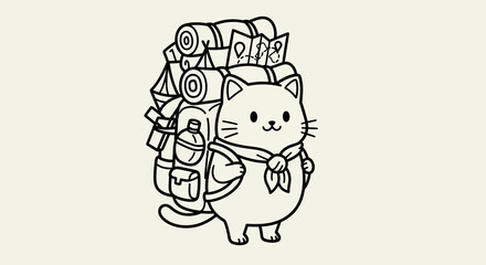 A cute cartoon cat with a large, heavily packed backpack, ready for an adventure or journey, drawn in a simple line art style.