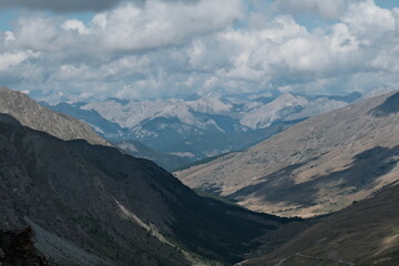 Views of the Colle dell'Agnolo mountain range in Pontechianale, in the Varaita Valley in the province of Cuneo, the Piedmontese mountains in August