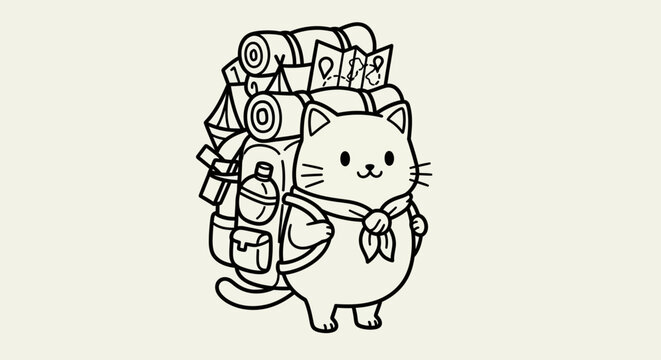 A cute cartoon cat with a large, heavily packed backpack, ready for an adventure or journey, drawn in a simple line art style.
