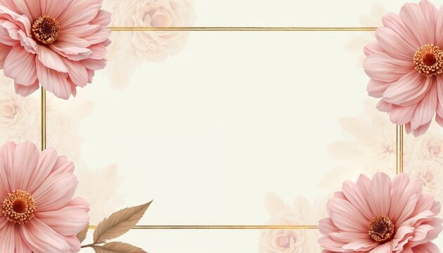 Soft pink daisy flowers border a cream colored frame. Golden lines accent corners. Subtle rose pattern fills background. Elegant floral design for invitations greeting cards or wedding stationery.