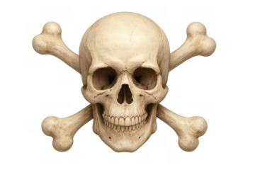 Skull and crossbones symbol representing danger, death, poison, and warning, isolated on a transparent background