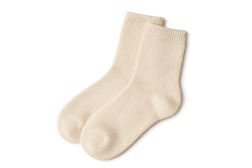 Pair of beige socks isolated on a transparent background, comfortable textile