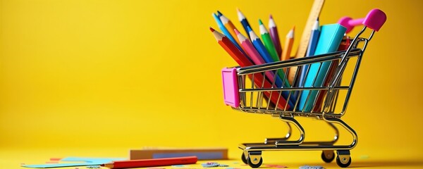 Miniature shopping cart filled with colorful pencils, pens, notebooks on yellow background. School supplies in small trolley. Stationery items in metal cart. Colorful office study materials on bright