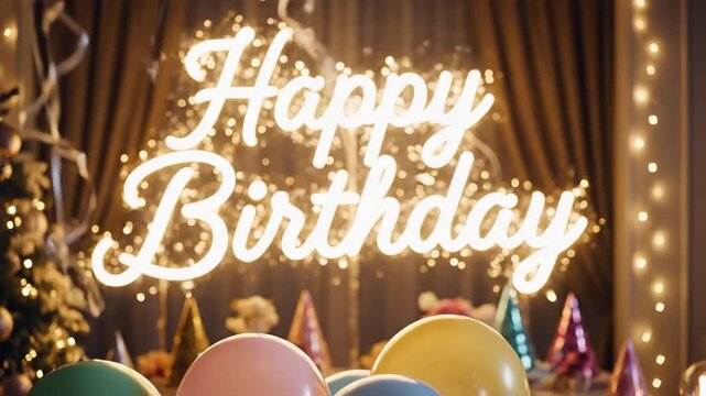 Festive birthday celebration scene with illuminated "Happy Birthday" sign, balloons, and party hats.
