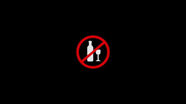 Red prohibition circle with white silhouette of bottle and glass on black background alcohol forbidden