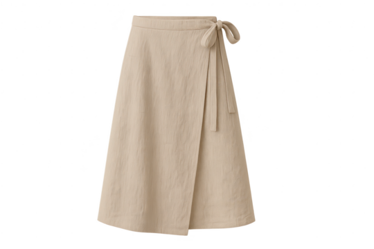 Elegant beige linen wrap skirt isolated on transparent background, fashion style