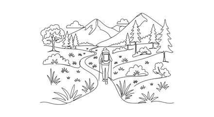 Black and white line art drawing of a person hiking on a winding path through a scenic mountain landscape with trees and bushes.