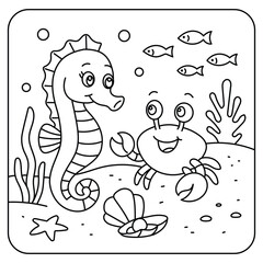 Cute Seahorse and Crab Underwater Scene – Kids Coloring Page