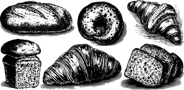 Bread, donut, croissant, and bun in vintage outline style. This hand-drawn illustration set showcases various baked goods in a classic vector format.