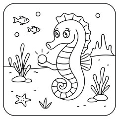 Cute Seahorse Holding a Pearl – Underwater Kids Coloring Page