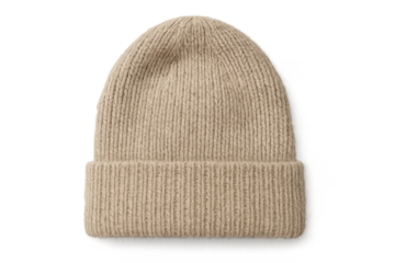 Knitted wool cap isolated on transparent background, winter fashion, beige color