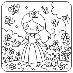 Cute Princess and Cat Coloring Page – Fairy Tale Line Art for Kids