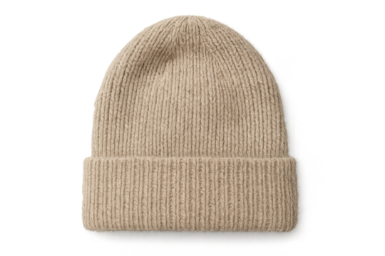 Knitted wool cap isolated on transparent background, winter fashion, beige color