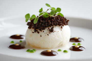 Exquisite fine dining dessert presentation with rich dark chocolate, fresh sprouts, and delicate sauce artfully arranged on a pristine white plate