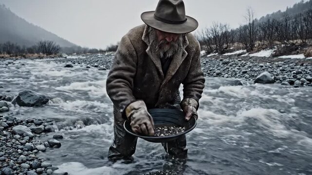 A determined individual stands in a rushing river, diligently panning for gold. Surrounding mountains frame the scene, highlighting the chilly beauty of the wilderness on a quiet afternoon.