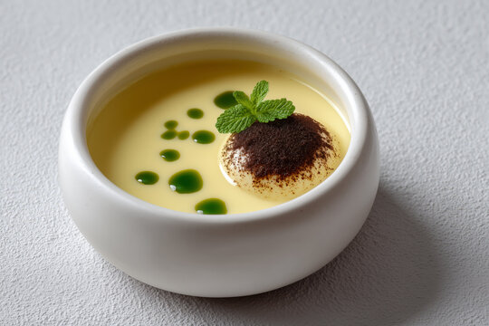Elegant custard dessert with mint garnish and chocolate topping, perfect for showcasing high-end cuisine or gourmet dining experiences in style
