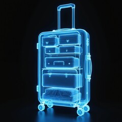 Obraz premium Futuristic x-ray image shows glowing blue travel suitcase. Transparent inner compartments neatly organize luggage, various cases, packed items. Detailed digital scan highlights airport security