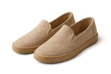 Pair of beige slip-on shoes isolated on a transparent background, casual footwear