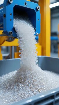 Plastic polymer granules falling from industrial machine, raw material processing, plastic pellet production, injection molding factory, modern manufacturing, industrial equipment close-up