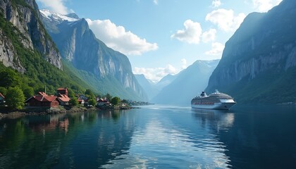 Scenic photo of Norway fjord. Cruise ship sails through calm water near village. Majestic mountains surround the tranquil bay. Summer travel vacation in beautiful nature.