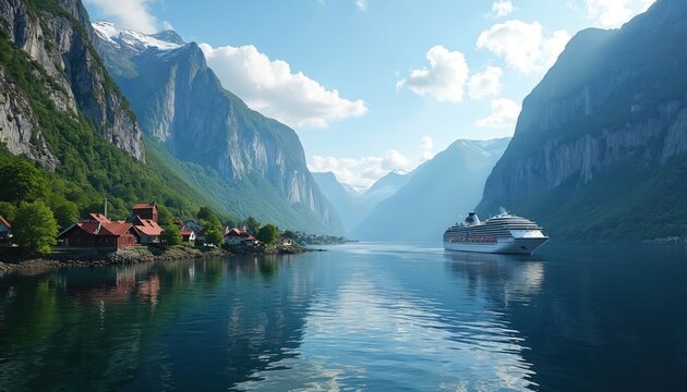 Scenic photo of Norway fjord. Cruise ship sails through calm water near village. Majestic mountains surround the tranquil bay. Summer travel vacation in beautiful nature. - Powered by Adobe