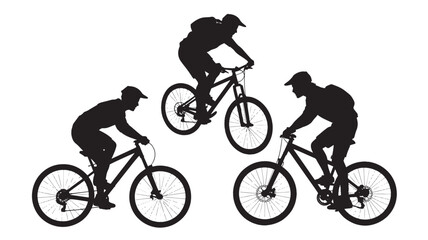 Obraz premium Mountain biker silhouette set vector illustration of cyclists riding bikes isolated on white background