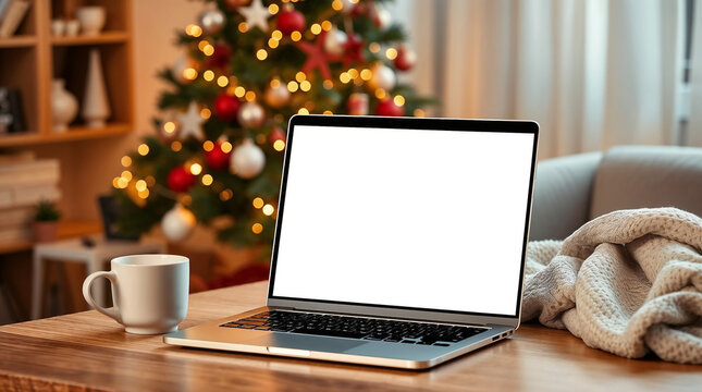 Laptop with blank screen rests on wooden table beside hot beverage, cozy blanket with Christmas tree background