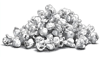 A detailed black and white drawing of a large pile of popcorn on a white background surface
