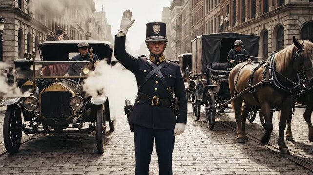 A police officer stands tall, guiding traffic in a busy historical city. Classic cars and horse-drawn carriages pass by, creating a lively atmosphere, reminiscent of a bustling past.