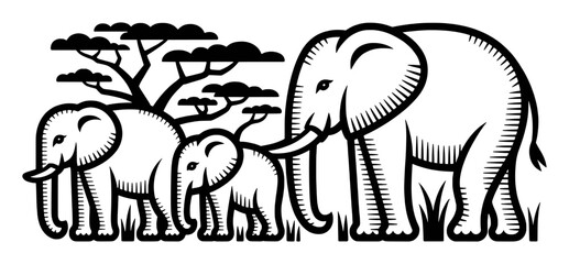 Stylized Black and White Illustration of an Elephant Family with Acacia Trees © Sultana