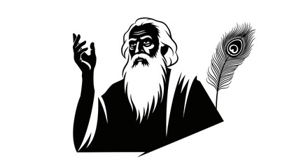 Black and white illustration of an old man with a long beard, holding a peacock feather quill, symbolizing wisdom and poetry.