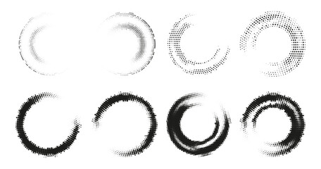 Halftone Circle Frame Abstract Dots Logo Emblem Design Element For Medical, Treatment, Cosmetic. Round Border Icon Using Halftone Circle Dots Raster Texture. Vector Emblem.