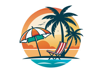beach chair vector silhouette illustration logo, beach chair logo icon silhouette, tropical beach sunset scene palm trees beach chair and umbrella vector silhouette on white background © Adobe design