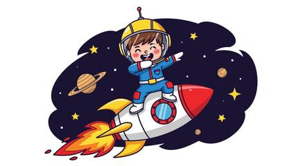 Cartoon Astronaut Riding a Rocket Through Space with Stars and Planets Illustration