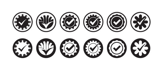 Black Checkmark Badge Icons Set, Approval Seal and Certification Label Collection, vector illustration EPS 10.