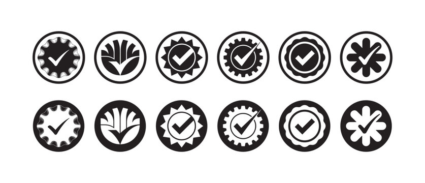 Black Checkmark Badge Icons Set, Approval Seal and Certification Label Collection, vector illustration EPS 10.