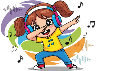 Cartoon girl with headphones dabbing surrounded by music notes and sound waves graphic elements