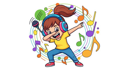 Cheerful girl with headphones dabbing with a microphone amidst colorful musical notes
