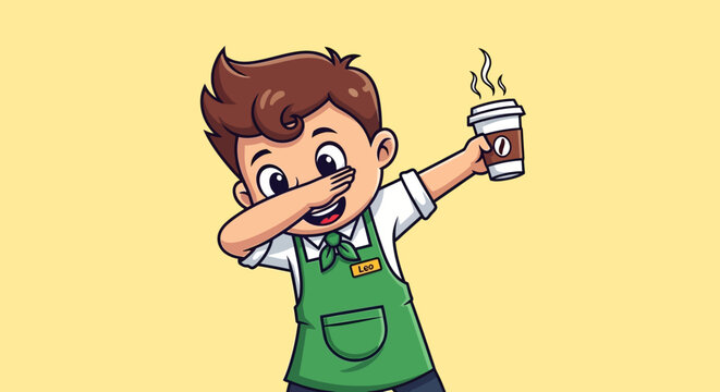 Cartoon barista named Leo dabbing with a steaming cup of coffee illustration