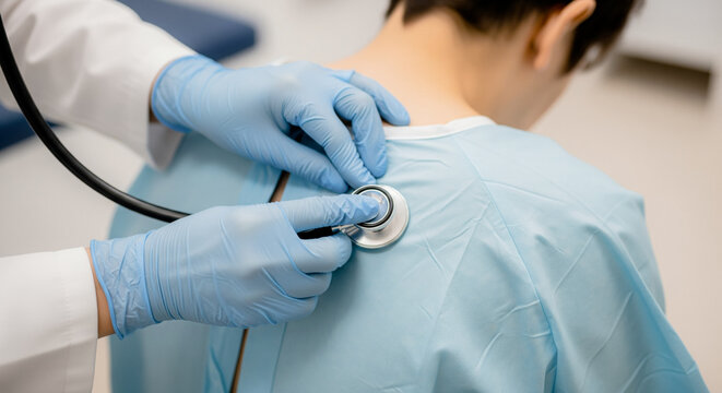 Doctor in gloves using a stethoscope to listen to a patients breathing on their back to check for lung injury after a trauma medical examination and diagnostic procedure